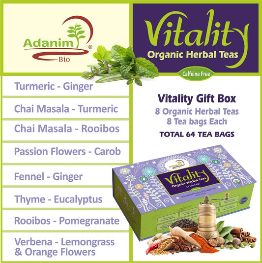 Adanim Bio Vitality Organic Tea Sampler Gift Set Box (8 Flavors Herbal Tea Variety Pack, 64 Individual Tea Bags) Caffeine Free Tea Sets, Assorted Tea Set, Tea Gifts For Tea Lovers