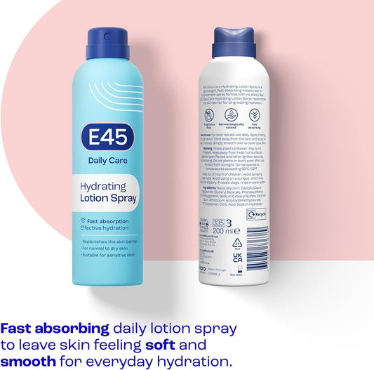 E45 Spray Moisturiser 200 Ml - Daily Lotion Moisturiser Spray For Dry Sensitive Skin - Fast Absorbing Body Lotion Spray Moisturiser For Soft Skin And Lasting Hydration – Suitable For Eczema Prone Skin