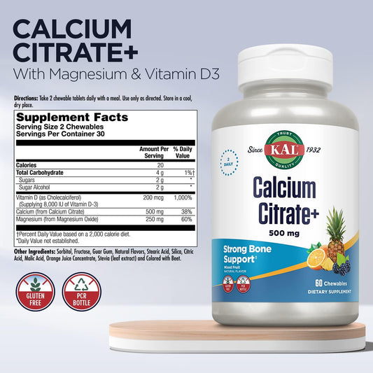 KAL Calcium Citrate Chewable Mixed Fruit Supplement, 60 Count