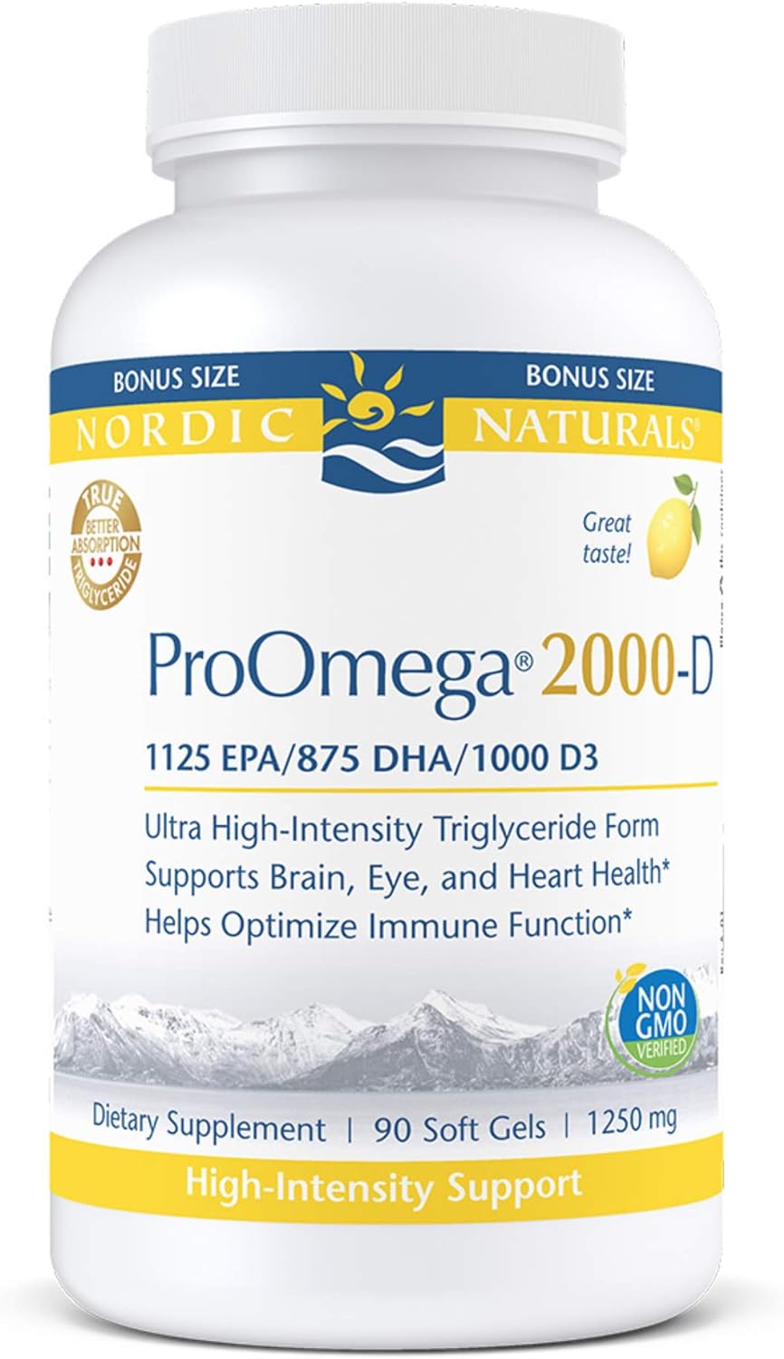 Nordic Naturals ProOmega 2000-D, Lemon Flavor - 90 Soft Gels - 2150 mg Omega-3 + 1000 IU D3 - Ultra High-Potency Fish Oil - EPA & DHA - Brain, Heart, Joint, & Immune Health - Non-GMO - 45 Servings