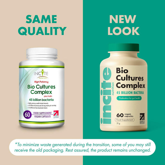 Incite Nutrition Bio Cultures Complex 45 Billion Cfu. 1 Month Supply Of Prebiotics And Probiotics. 15 Bacterial Strains + Inulin For Digestive Support And Gut Health. Suitable For Vegetarians & Vegans