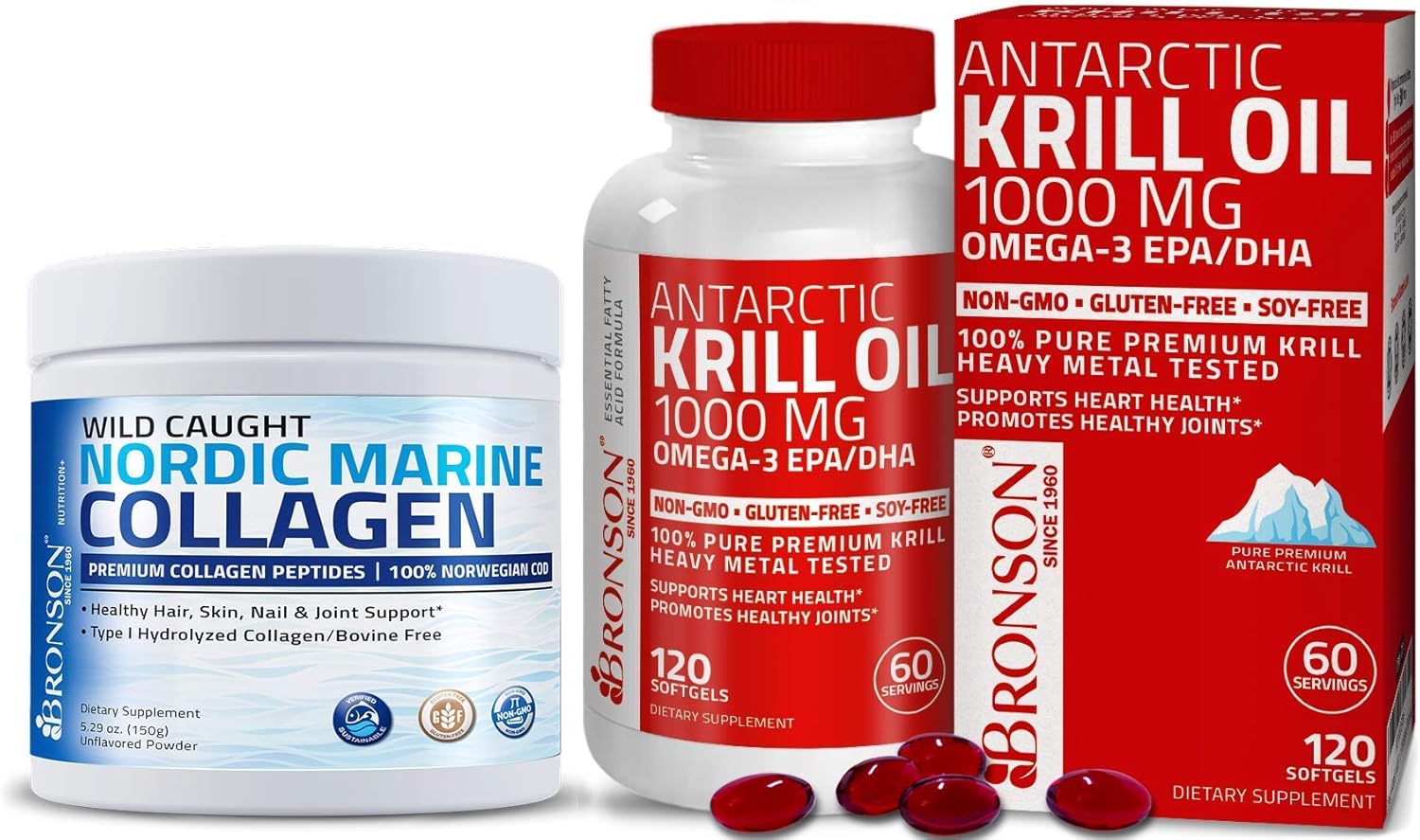 Marine Collagen Peptides Hydrolyzed Protein Powder + Antarctic Krill Oil 1000 Mg With Omega-3S Epa Dha