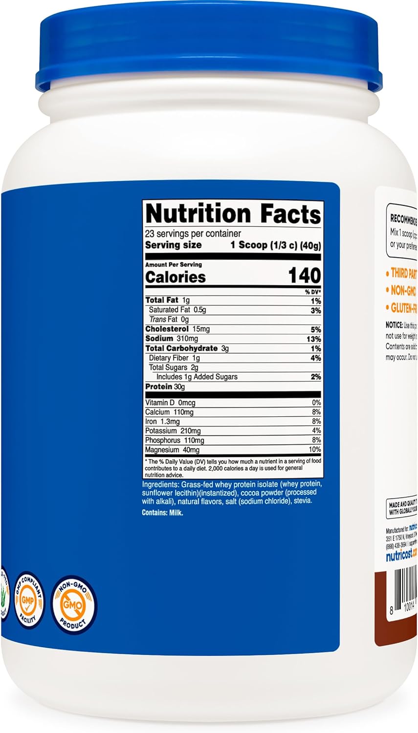 Nutricost Grass-Fed Whey Protein Isolate (Chocolate) 2LBS - Non-GMO, Gluten Free, Natural Flavors : Health & Household