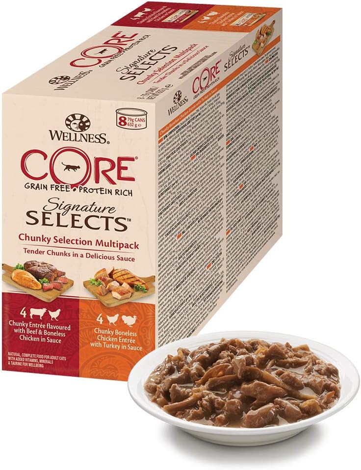 Wellness CORE Signature Selects, Cat Food Wet in Sauce, Grain Free Cat Food, High Meat Content, Chunky Selection Mix, 79 g (Pack of 8)?10641