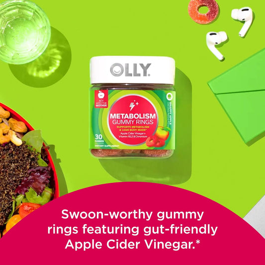 Olly Metabolism Gummy Rings, Apple Cider Vinegar, Vitamin B12, Chromium, Energy And Digestive Health, Chewable Supplement, Apple Flavor, Twin Pack - 60 Count