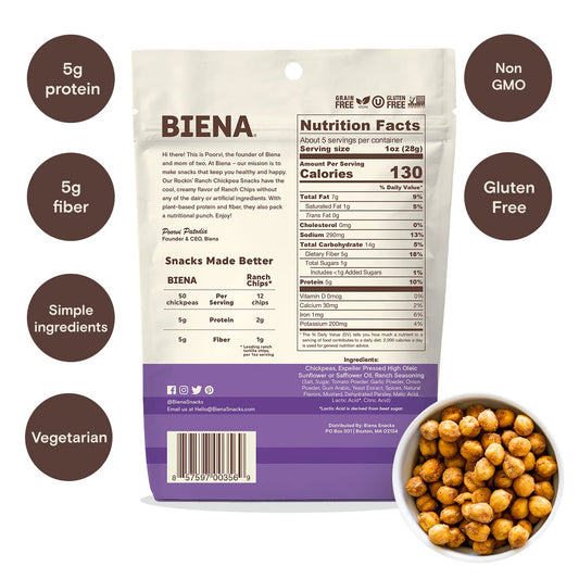 Biena Crispy Roasted Chickpea Snacks, Rockin’ Ranch, High Protein Snacks, High Fiber Snacks, Gluten Free, Plant-Based, Non-GMO, Healthy Snacks for Adults and Kids, 4-Pack 5 Ounce Bags