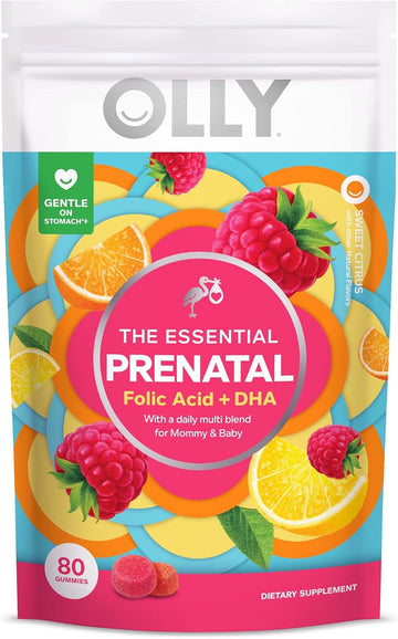 OLLY Prenatal Multivitamin Gummy, Supports Healthy Growth and Brain Development, Folic Acid, Vitamin D, Omega 3 DHA, Chewable Supplement, Citrus Berry Flavor, 40-Day Supply - 80 Count Pouch