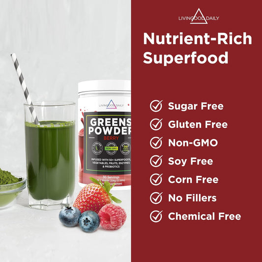 Livingood Daily Greens, Berry - Super Greens Powder for Gut Health - Green Blend Superfood with Spirulina, Chlorella, Veggie, Fruits, Herbs, Prebiotics & Enzymes - Smoothie Mix - 30 Servings