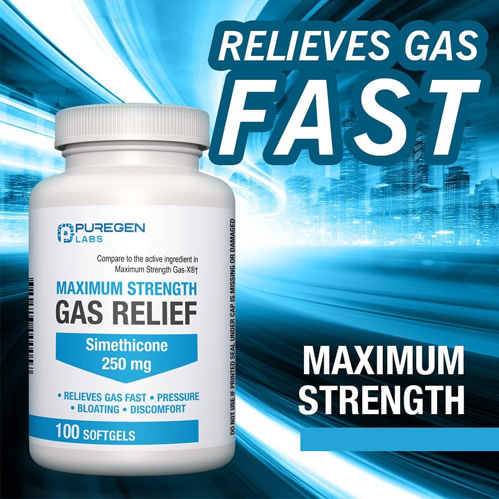 P Puregen Labs Maximum Strength Gas Relief Softgels with Simethicone 250 mg Relieve Pressure, Bloating and Painful Discomfort Compare to Gas-X and Phazyme -200 Count Total : Health & Household