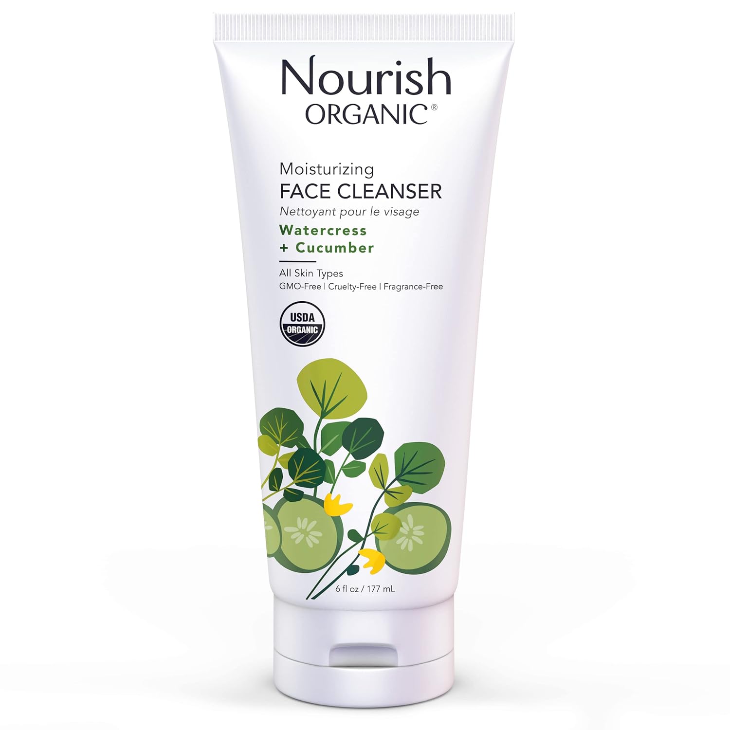 Nourish Organic Moisturizing Face Cleanser For All Skin Types, Watercress + Cucumber Face Wash, Fragrance-Free (6 Oz) + Washable Cotton Round