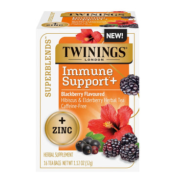 Twinings Superblends Immune Support+ Zinc Blackberry Flavoured Hibiscus & Elderberry Herbal, Caffeine-Free, 16 Tea Bags (Pack Of 6), Enjoy Hot Or Iced