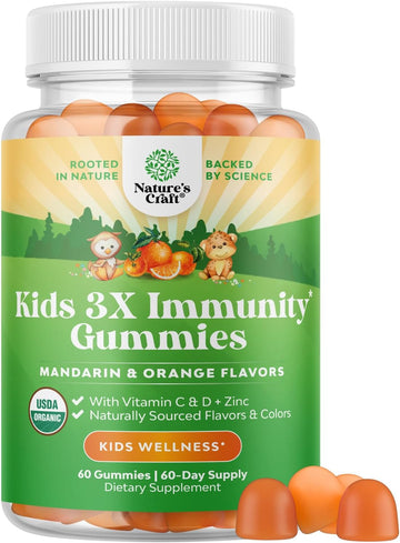 Organic Kids Immune Support Gummies - Vegan Organic Vitamin D Gummies For Kids With Vitamin C And Zinc For Kids Immunity - D3 Zinc And Vitamin C Gummies For Kids - Gluten Free & Non Gmo (60 Servings)