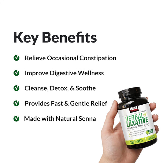 FORCE FACTOR Herbal Laxative for Constipation Relief for Adults, Digestion Supplement Made with Senna to Cleanse, Detox, and Soothe, Laxatives for Constipation for Women and Men, 250 Tablets