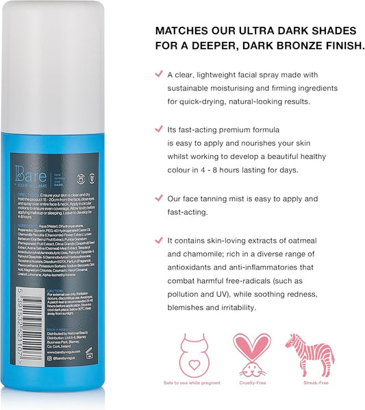 Bare By Vogue Fake Tan - Self Tan Face Mist Spray Solution - Dark For A Natural Glow On Face & Body - Easy Application Mist 125Ml