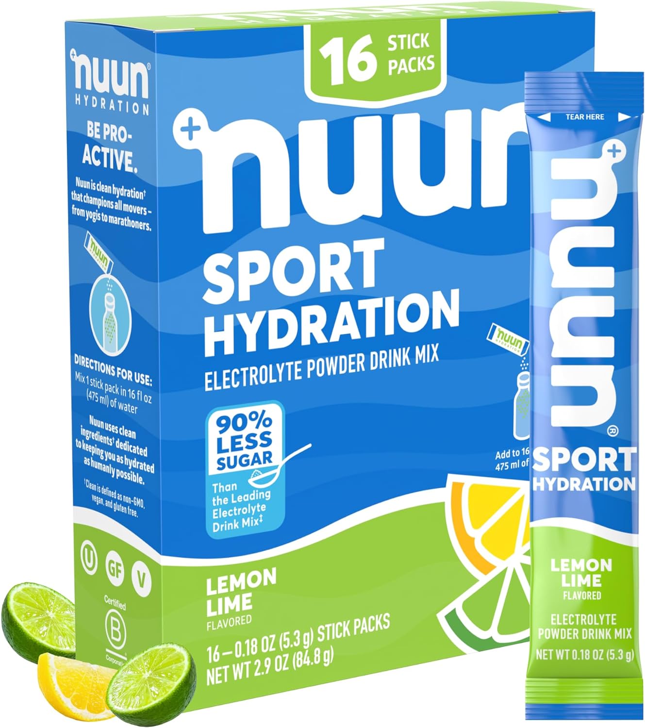 Nuun Sport Electrolyte Powder Packets - Lemon Lime Flavor | 5 Essential Electrolytes For Hydration | Easy Open Drink Mix With Magnesium | 1G Sugar | Non Gmo, Vegan | 16 Single Serving Sticks