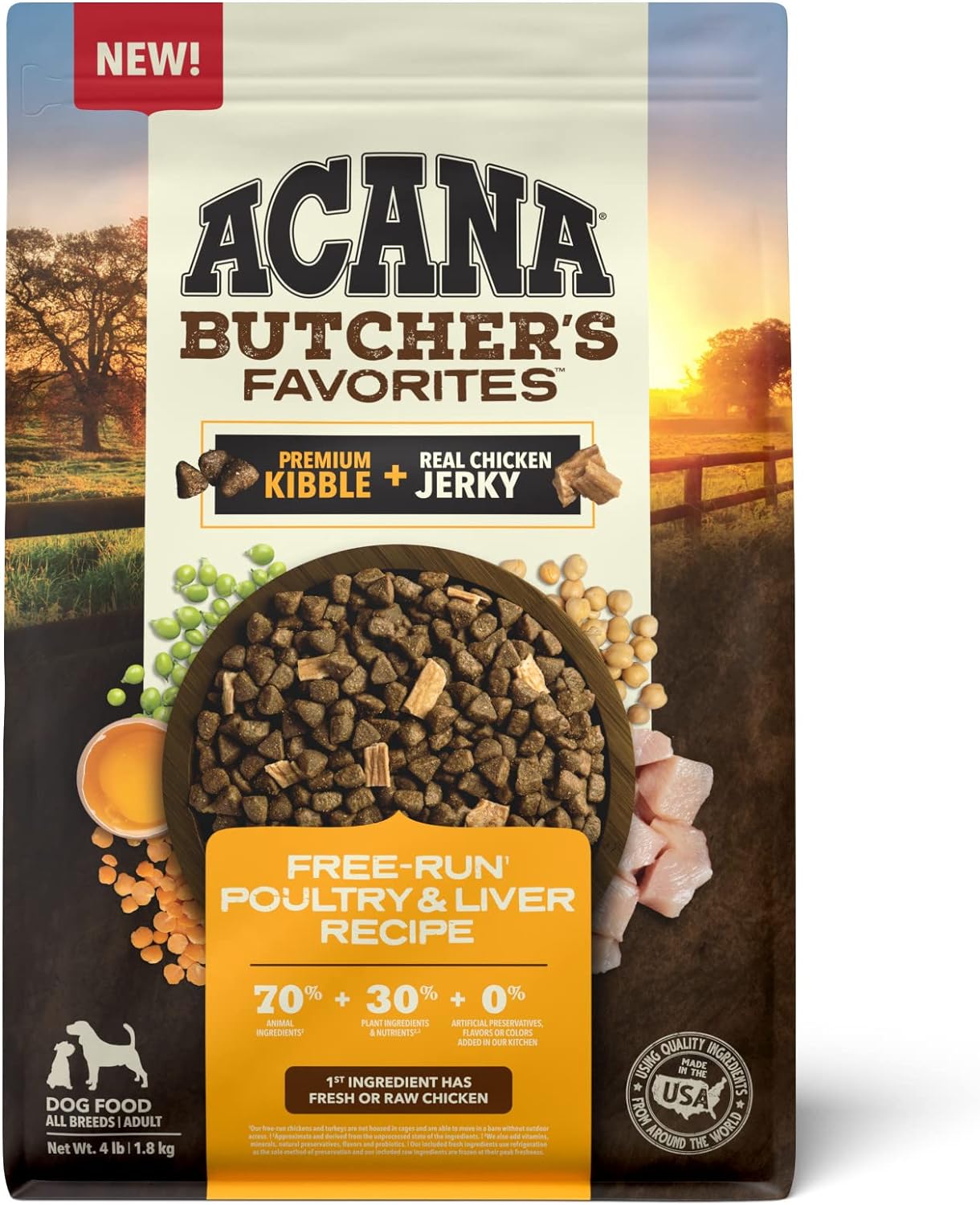 ACANA Butcher's Favorites Dry Dog Food, Free-Run Poultry* & Liver Recipe, Dog Food Kibble & real chicken jerky, 4lb