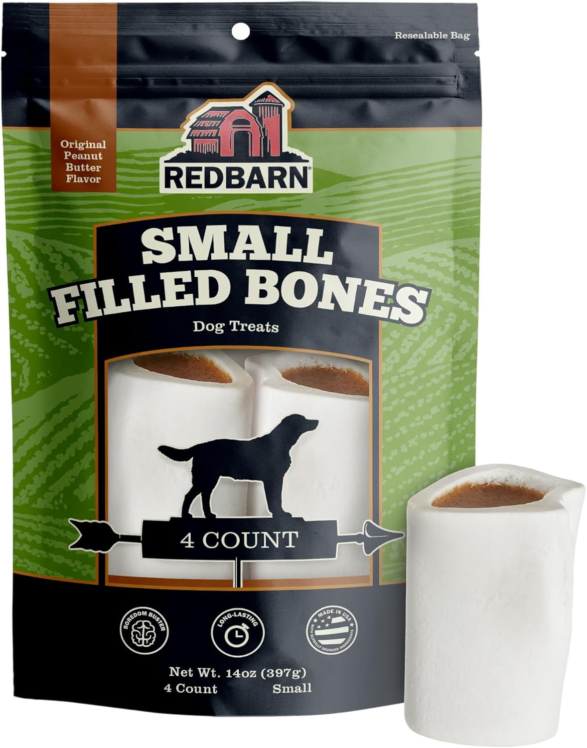 Redbarn Small Filled Dog Bones, Peanut Butter Flavor - Long Lasting Stuffed Femur Chew Treat Made In Usa - 4 Count - Packaging May Vary