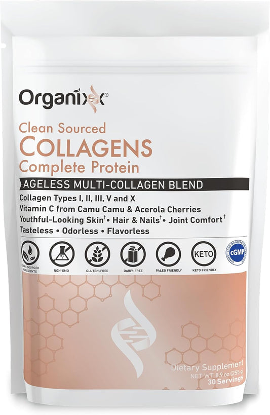 Organixx Collagen Peptides Powder With Vitamin C, Types I, Ii, Iii, V, X Hydrolyzed Collagen, Hair, Nail, Skin, Bone & Joint Health, Aging Support, Clean Sourced, Gluten Free, Unflavored, 30 Servings