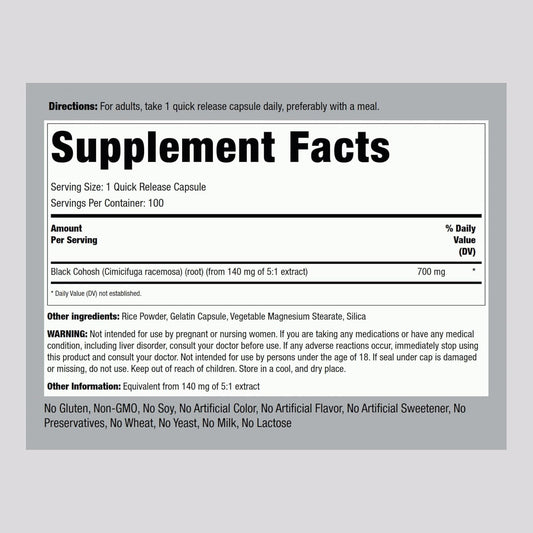 Piping Rock Black Cohosh Root Herb | 700 mg | 100 Capsules | Concentrated Extract | Non-GMO, Gluten Free Supplement