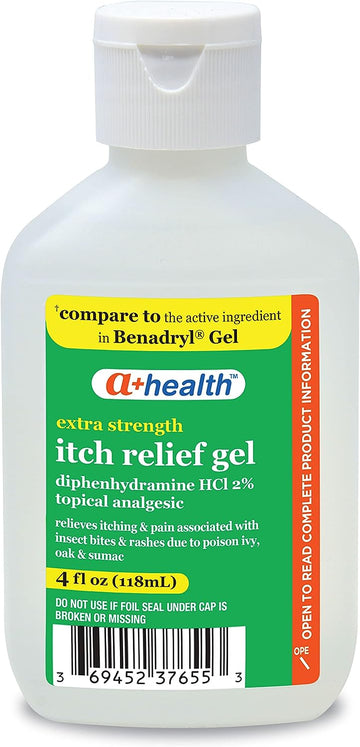 Extra Strength Itch Relief Gel, Diphenhydramine HCl 2% Topical Analgesic, Relives Itching and Pain for Bug Bites, Rashes, Poison Ivy, Oak and Sumac, Made in USA, 4 Ounces