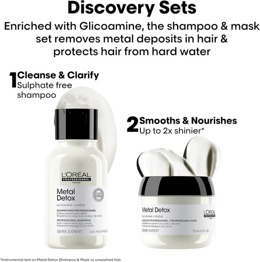 L’Oréal Professionnel Metal Detox Shampoo & Hair Mask Discovery Kit, Prevent Breakage And Colour Fade From Hard Water, Clarifying Shampoo & Hair Conditioner Treatment, Sulphate Free, Vegan,100Ml, 75Ml