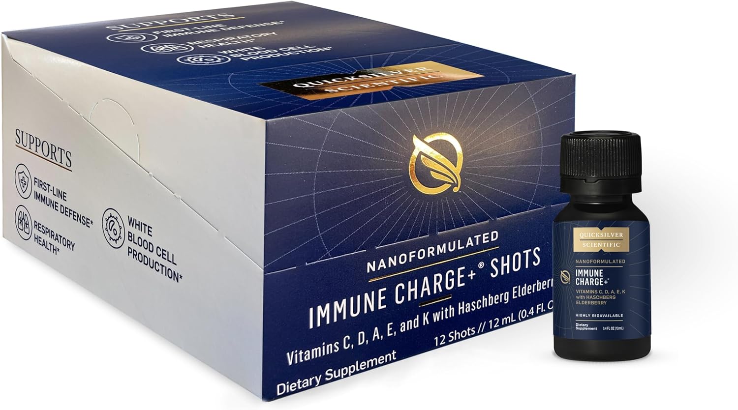 Quicksilver Scientific Immune Charge+ - Portable Wellness Shots With Elderberry, Vitamin C, E, K1, K2, 10,000 Iu Vitamin D For Optimal Immune System Support (12 Single Serving Shots)