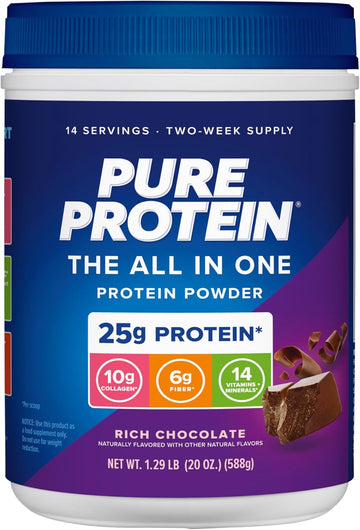 Pure Protein All-In-One Powder, Rich Chocolate - Whey & Collagen, High Fiber, Vitamins, No Added Sugar, Non-Gmo, Gluten-Free, 1.25Lb