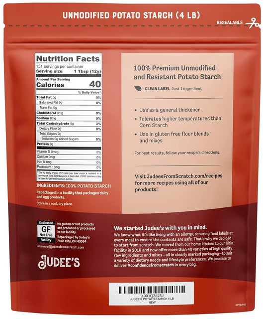 Judee’s Unmodified Potato Starch 4 lb - Just One Ingredient - Great for Breading, Thickening, Cooking, and Baking - 100% Non-GMO, Gluten-Free, and Nut-Free - Resistant to High Temperatures