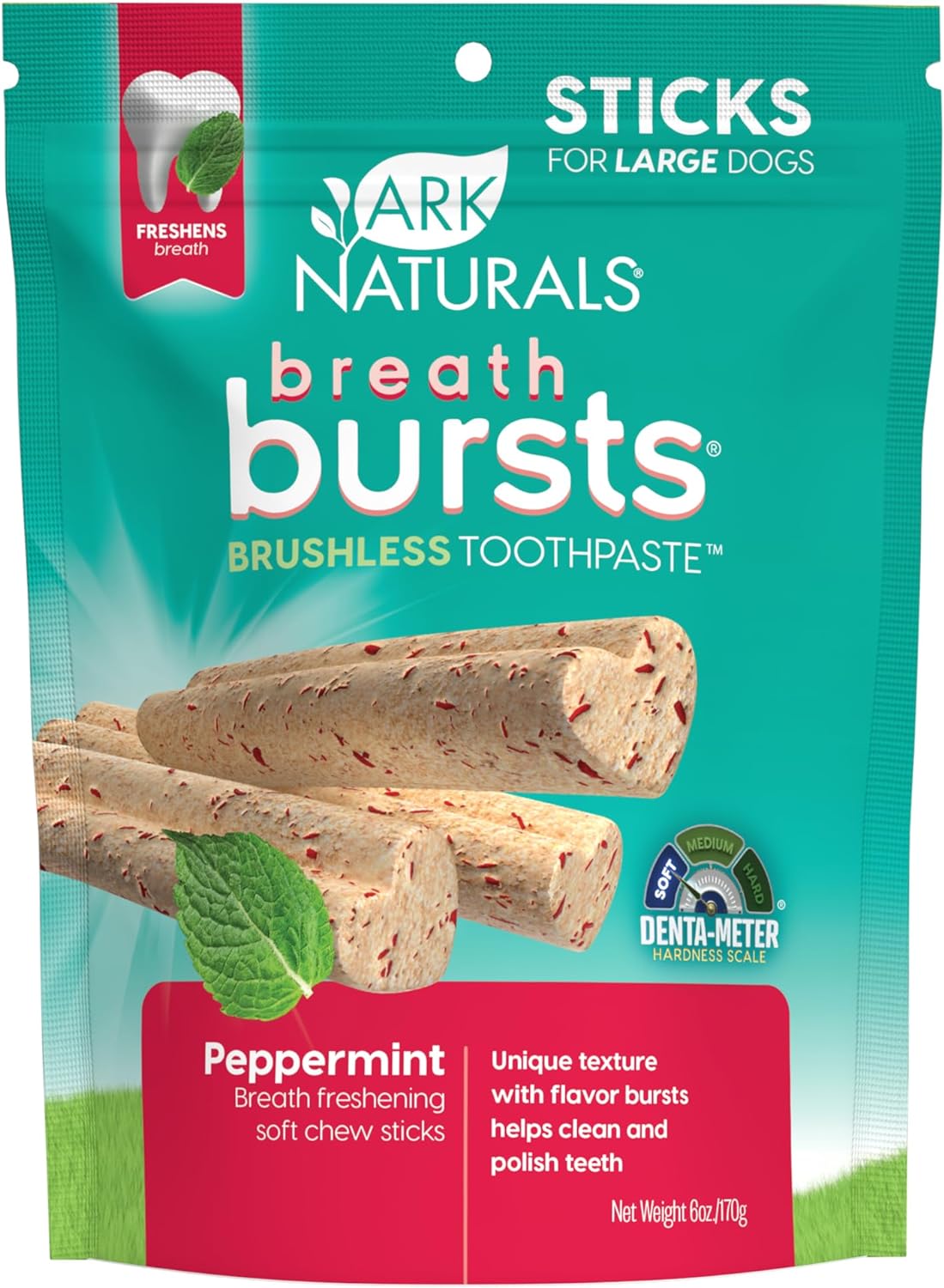 Ark Naturals Breath Bursts Brushless Toothpaste, Dog Dental Sticks For Large Breeds, Unique Texture Helps Clean Teeth & Freshen Breath, Peppermint, 6 Oz, 1 Pack