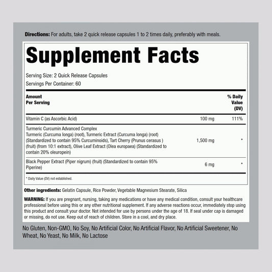 Piping Rock Turmeric Curcumin Complex 1500mg | 120 Capsules | with Black Pepper Extract and Tart Cherry | Advanced Formula Supplement | Non-GMO, Gluten Free