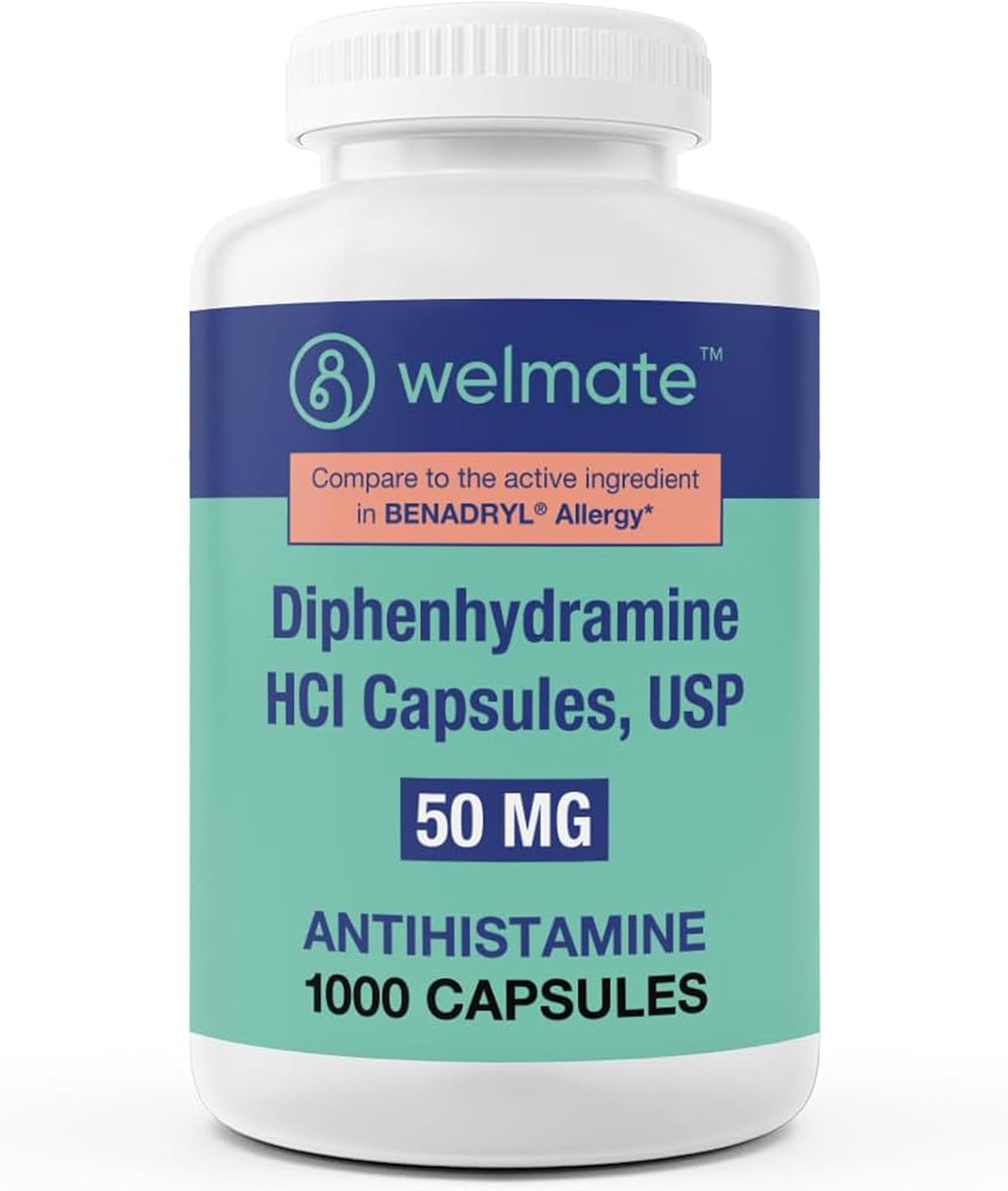 Welmate Allergy Relief | Diphenhydramine 50 Mg | 1000 Count Capsules | Antihistamine - Non-Drowsy Relief - Allergy & Cold Symptoms - Sneezing, Runny Nose, Itchy Eyes & Throat