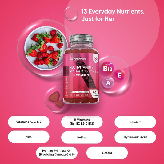 Multivitamin Gummies For Women - 13 Active Ingredients - 90 Gummies - Natural Strawberry & Raspberry Flavour - Women Multivitamins With Zinc, Calcium, Hyaluronic Acid & Vitamins A, C, B6, B7, B9 & B12