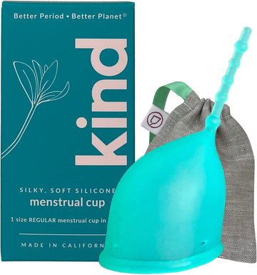 Kind Cup | Menstrual Cups | Period Cup | Easy to use | Comfortable | Soft | Long Stem | Curved | Ergonomic | High Cervix | Low Cervix | Eco Friendly Products | for Beginners | USA (Regular) (Aqua)