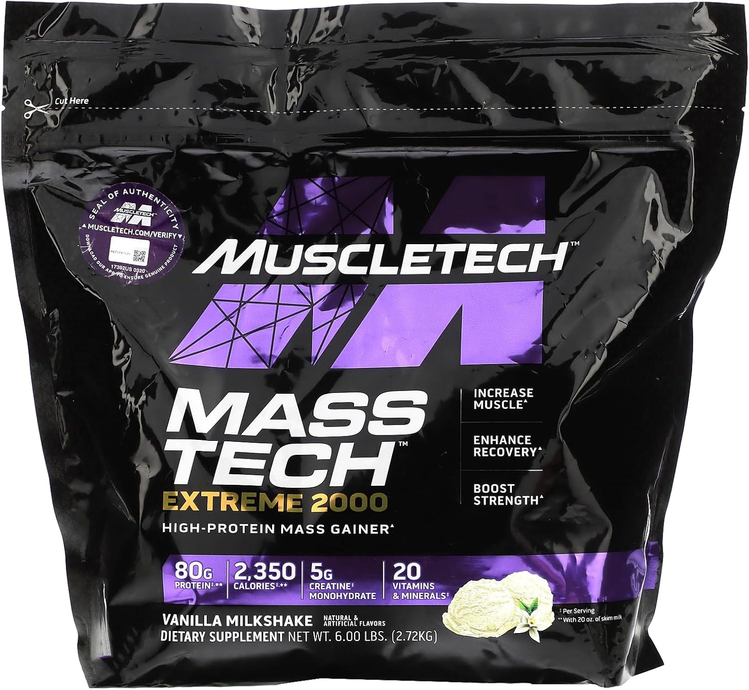 Muscletech High-Protein Mass Gainer (Vanilla Milkshake, 6Lb) - Mass Tech Extreme 2000 Mass Gainer Protein Powder Supplement - Weight Gainer For Increase Muscle, Enhanced Recovery & Strength