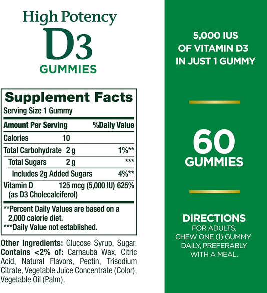 Nature'S Bounty Vitamin D 5000 Iu Gummies, Vitamin D3 High Potency Immune Support & Bone Health Supplement, 5000 Iu In 1 Gummy, Strawberry Flavor, 2 Month Supply, 60 Vegetarian Gummies For Adults