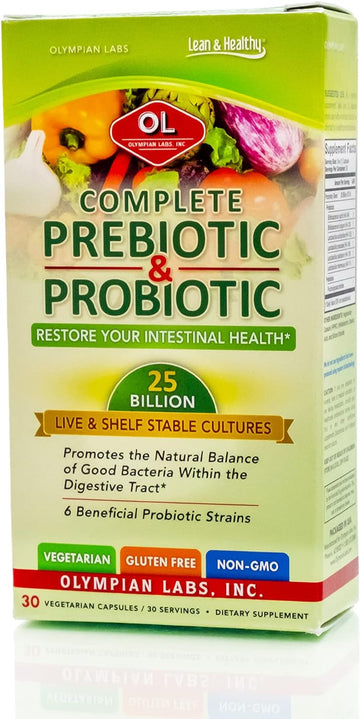 Olympian Labs Complete Prebiotic And Probiotic Supplement - 25 Billion Live Shelf Stable Cultures - 30 Vegetarian Capsules, Helps Restore The Natural Balance Within The Digestive Tract