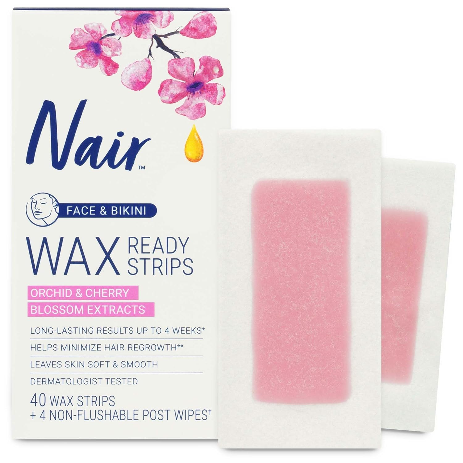 Nair Hair Remover Wax Ready Strips, Face And Bikini Hair Removal Wax Strips, 40 Count