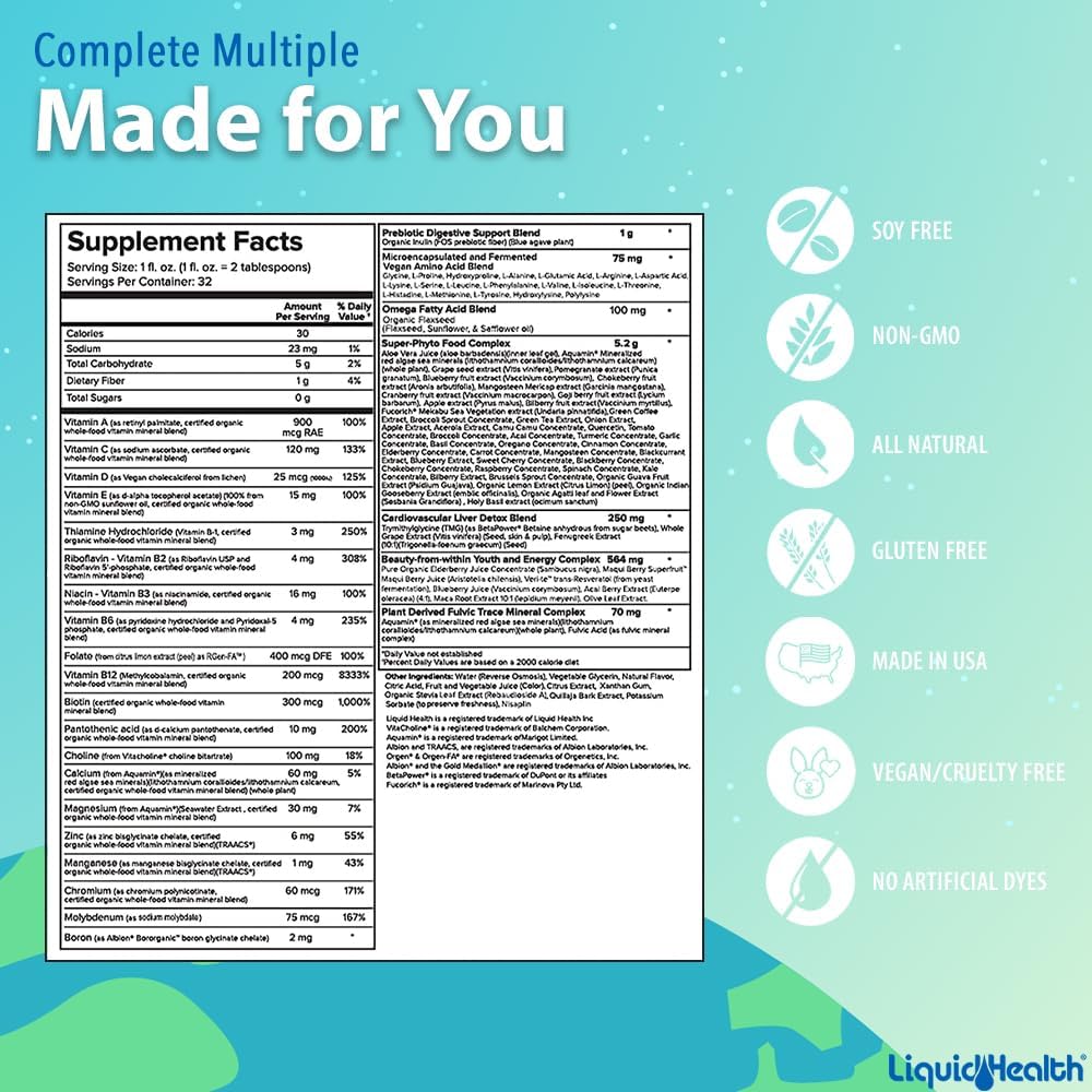 LIQUIDHEALTH Complete Multiple Adult Liquid Multivitamin - Essential Vitamins, Minerals & Nutrients, Immune Support, Gut Health, Energy, Detox - Great Taste, Vegan, Non-GMO, Sugar-Free (32 oz) : Health & Household