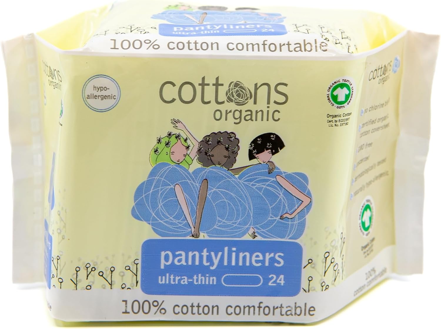 Cottons Organic Panty Liners | 24-Individually Wrapped Panty Liners | Chlorine Free | Unscented | Certified Organic Cotton | Light Absorbency (1 Pack of 24)