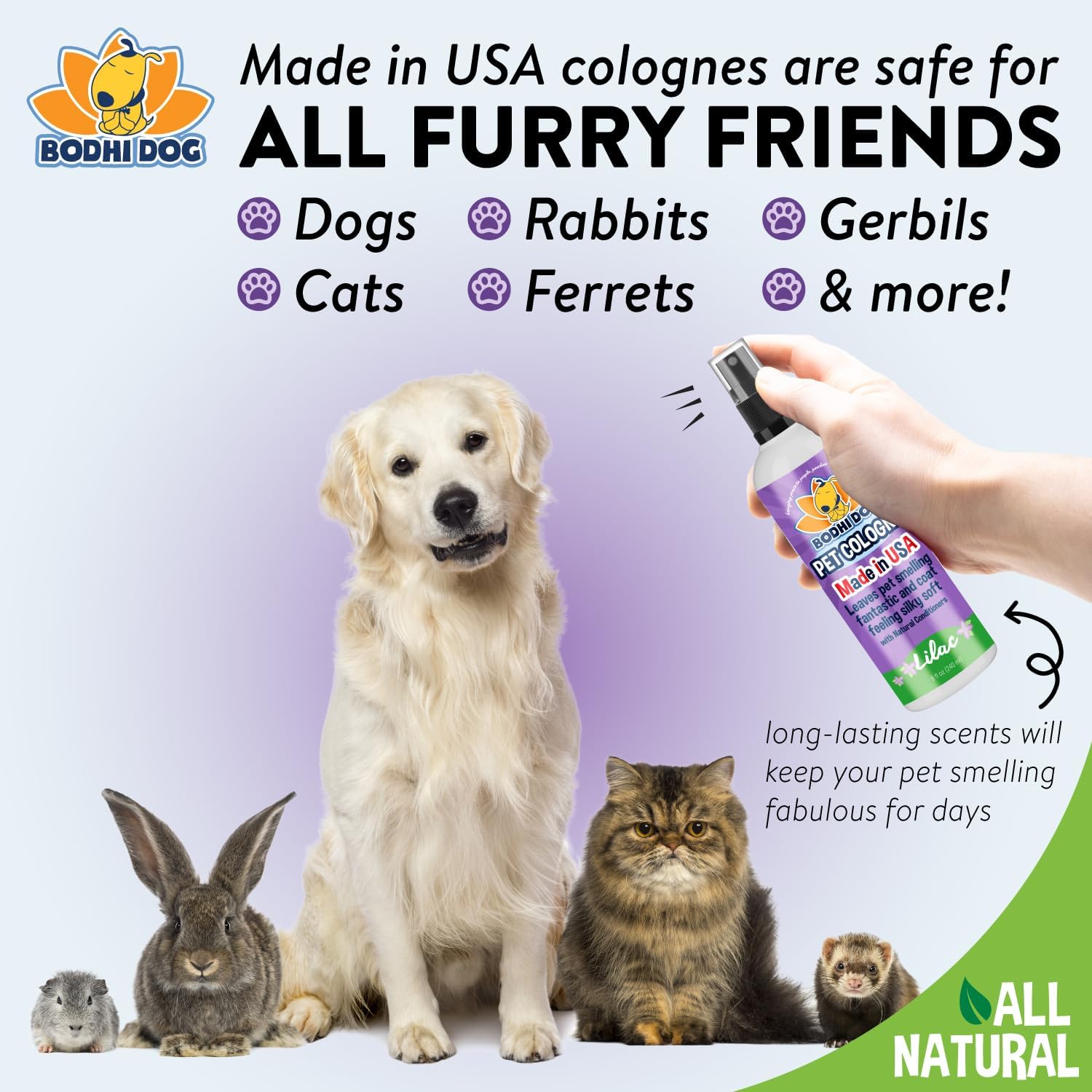 Bodhi Dog Natural Dog Cologne | Premium Scented Deodorizing Body Spray for Dogs & Cats | Neutralizes Strong Odors | Dog Perfume with Natural Dog Conditioner | Made in USA (Lilac, 8 Fl Oz)