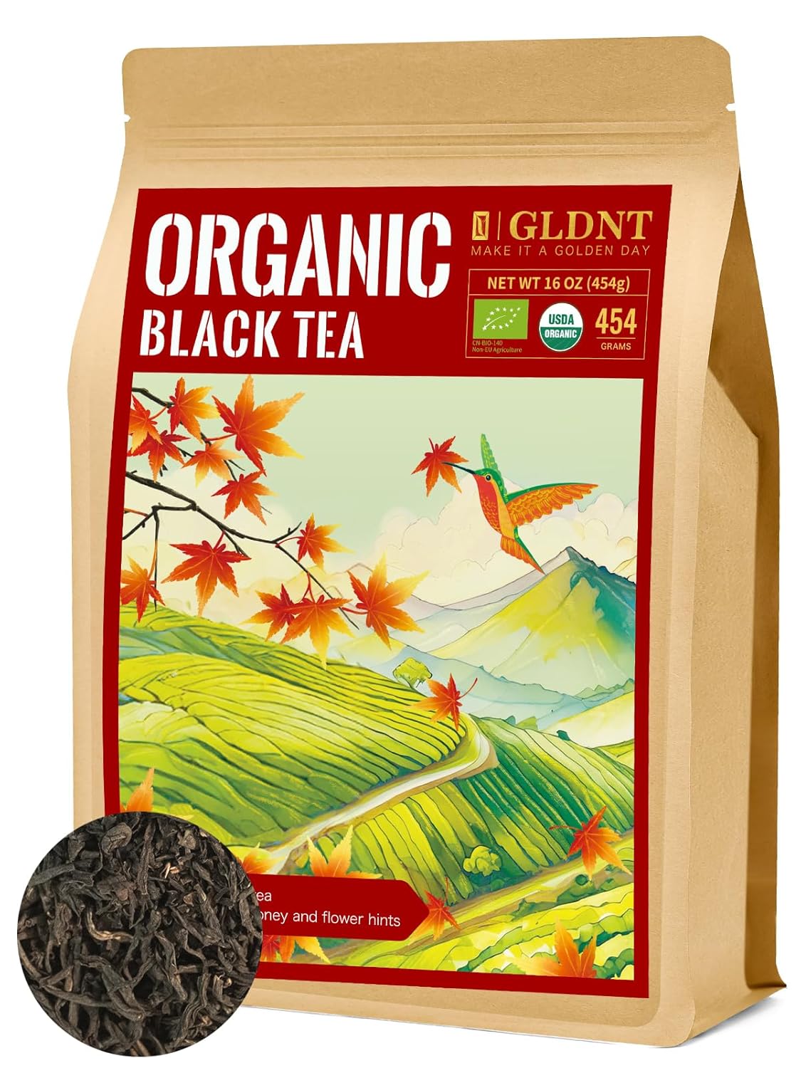 Gldnt Organic Black Tea Loose Leaf, Natural Organic Black Tea, Full-Bodied & Mellow Taste, Caffeinated, Hot & Iced Tea, 16Oz