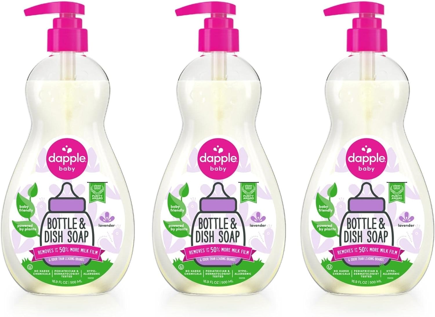 Dapple Baby, Bottle and Dish Soap Dish Liquid Plant Based Hypoallergenic 1 Pump Included, Packaging May Vary, Lavender, 16.9 Fl Oz (Pack of 3)