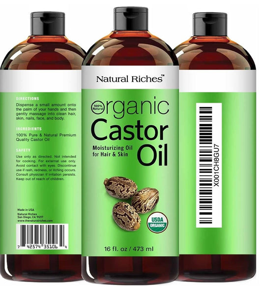 Natural Riches Organic Castor Oil - Cold Pressed, Usda Certified For Hair Growth, Thicker Eyelashes, Eyebrows - Moisturizes Dry Skin And Hair, Helps With Dandruff - Hexane-Free, 16 Fl. Oz