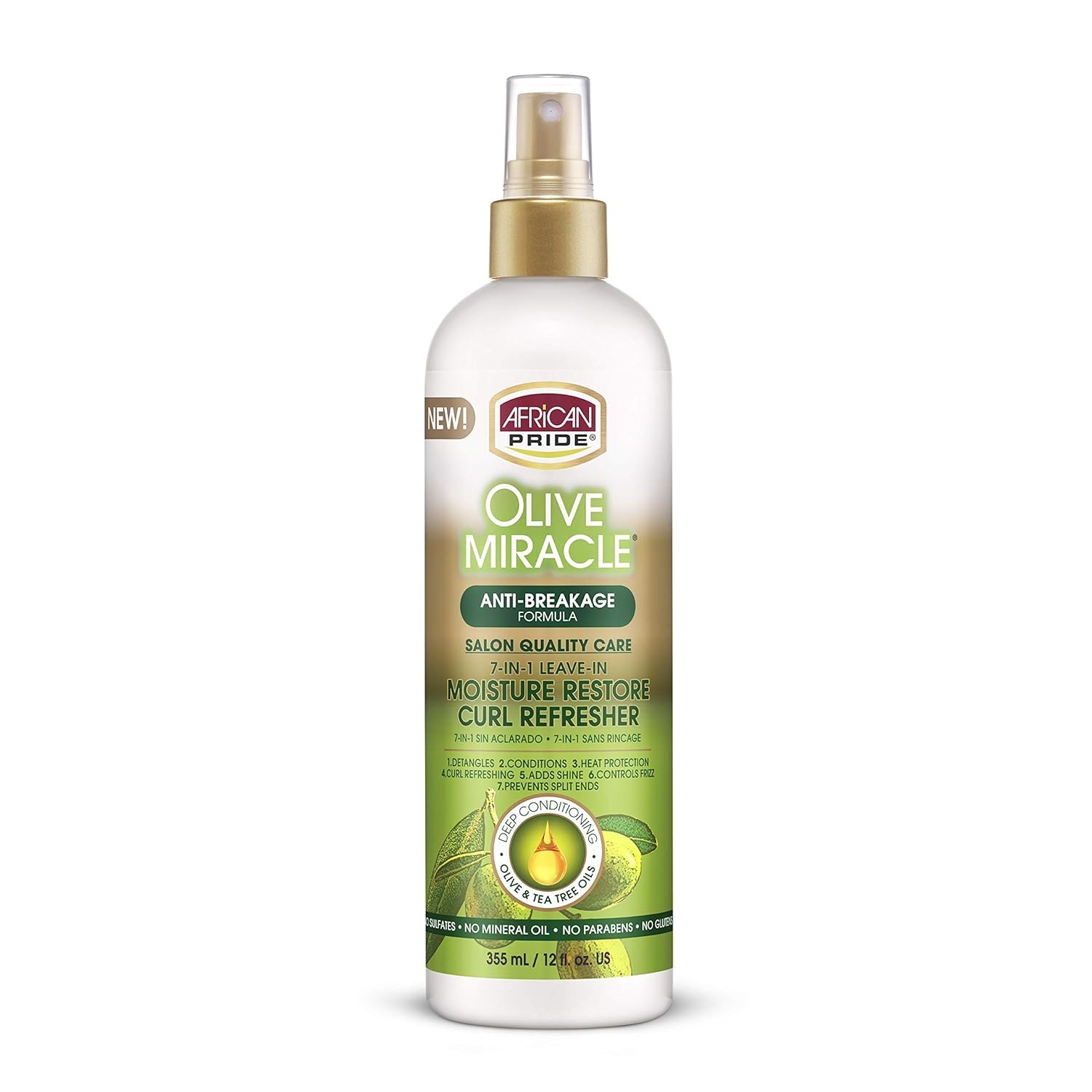 African Pride Olive Miracle 7-IN-1 Leave-In Moisture Restore Hair Curl Refresher, Provides Moisture & Helps Repair Natural Coils & Curls, Enriched with Olive & Tea Tree Oil, 12 oz