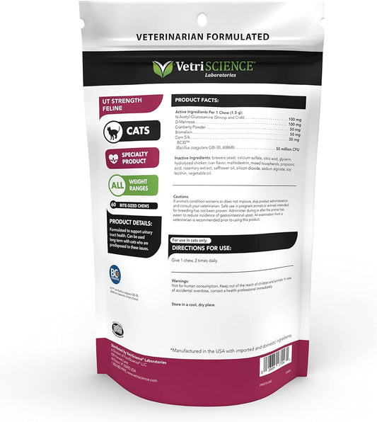 VetriScience UT Strength Feline Urinary Tract Supplement for Cats – Chews for Urinary Tract Support with Cranberry Powder, Bromelain, and Probiotics