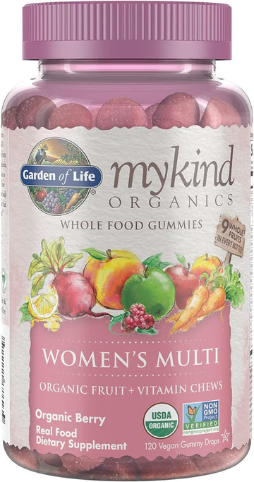 Garden Of Life Mykind Organics Women'S Gummy Vitamins - Berry - Certified Organic, Non-Gmo, Vegan, Kosher Complete Multi - Methyl B12, C & D3 - Gluten, Soy & Dairy Free, 120 Real Fruit Gummies