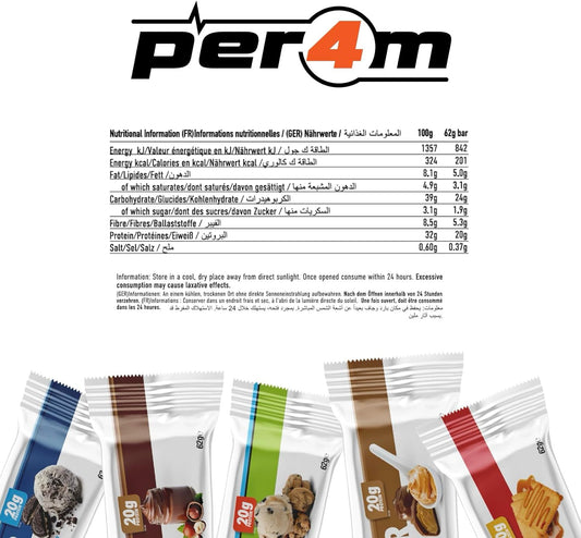 Per4M On-The-Go Protein Bar | High Protein, Low Sugar Bar With 20G Protein | Nutritional & Healthy Gym Snack Bar | Box Of 12 X 62G (Box, Chocolate Brownie)