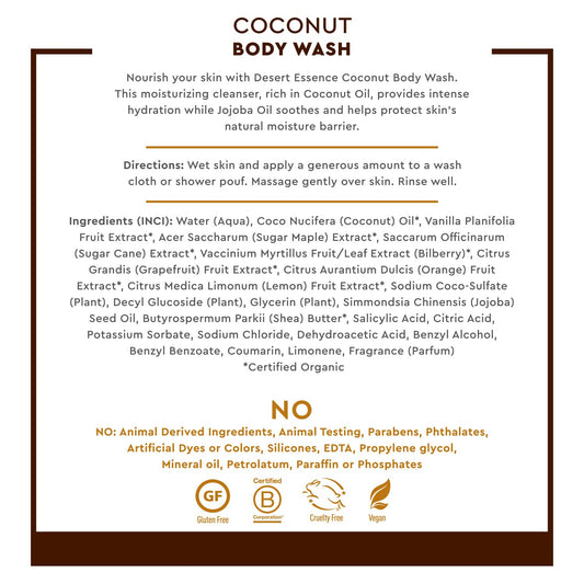 Desert Essence Coconut Body Wash - Nourishing Body Wash With Jojoba Oil, Organic Coconut Oil, Shea Butter - Vegan, Cruelty-Free, Gluten-Free - Hydrating Natural Body Wash For Smooth Skin Care - 8 Oz