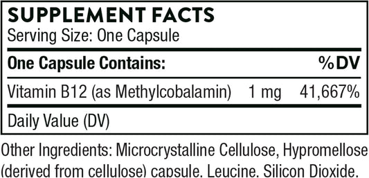 Thorne Vitamin B12 - As Methylcobalamin - Supports Heart And Nerve Health, Blood Cell Function, Healthy Sleep, And Methylation - Gluten-Free, Soy-Free, Dairy-Free - 60 Capsules