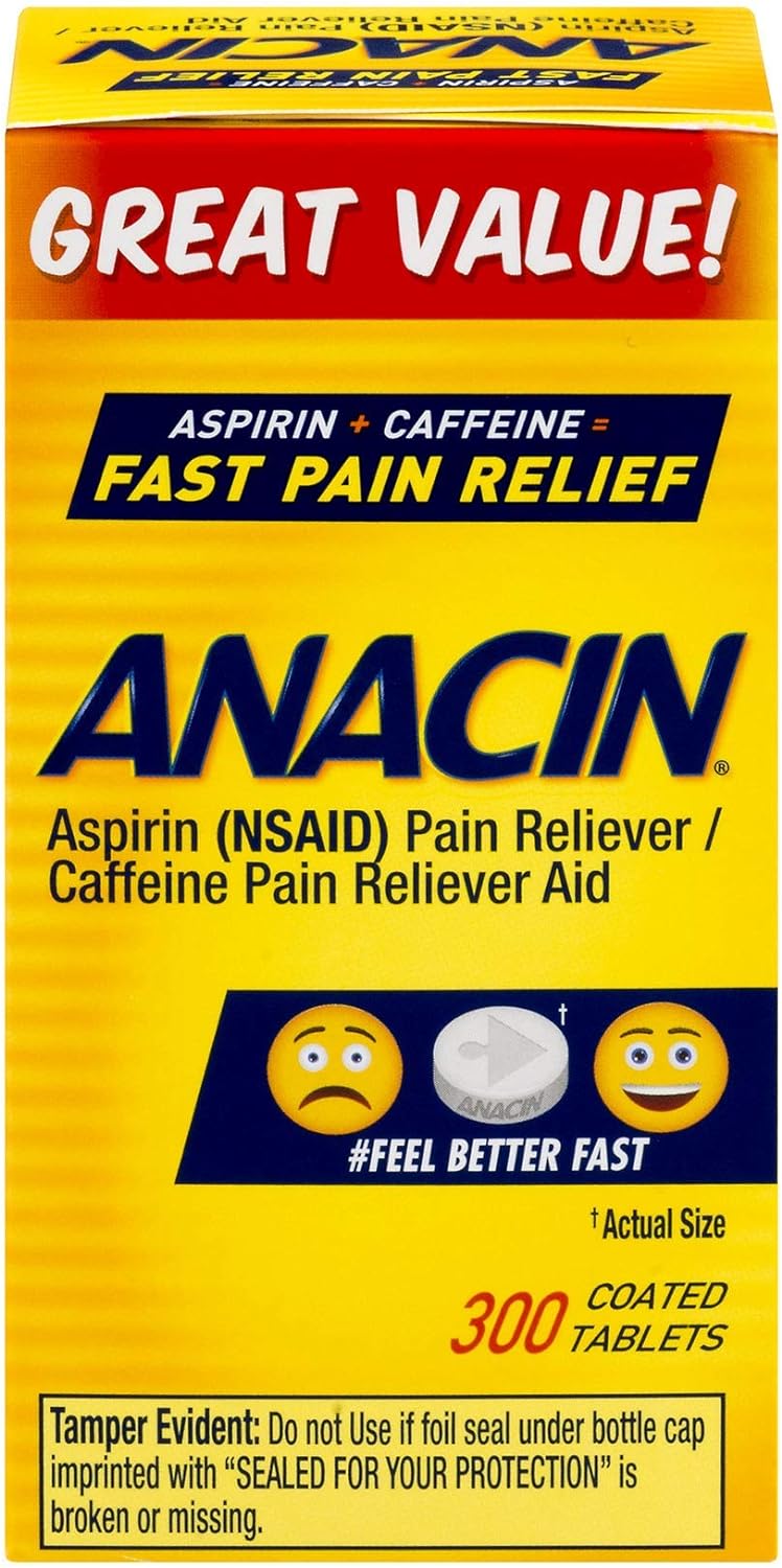 Anacin Aspirin/Caffeine Pain Reliever Aid | Fast Pain Relief | 300 Tab